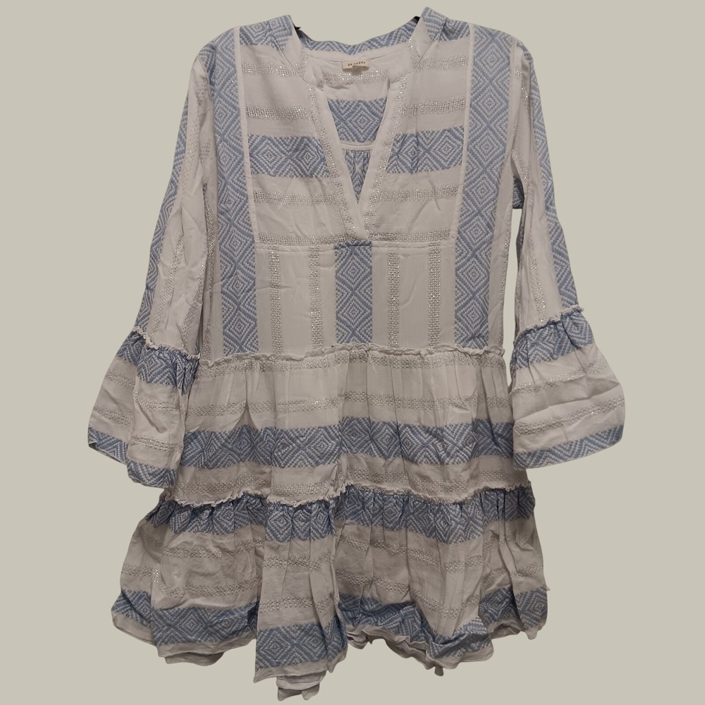 En Creme Women Blue White Geometric Metallic Lurex Tiered Boho Tunic Dress M